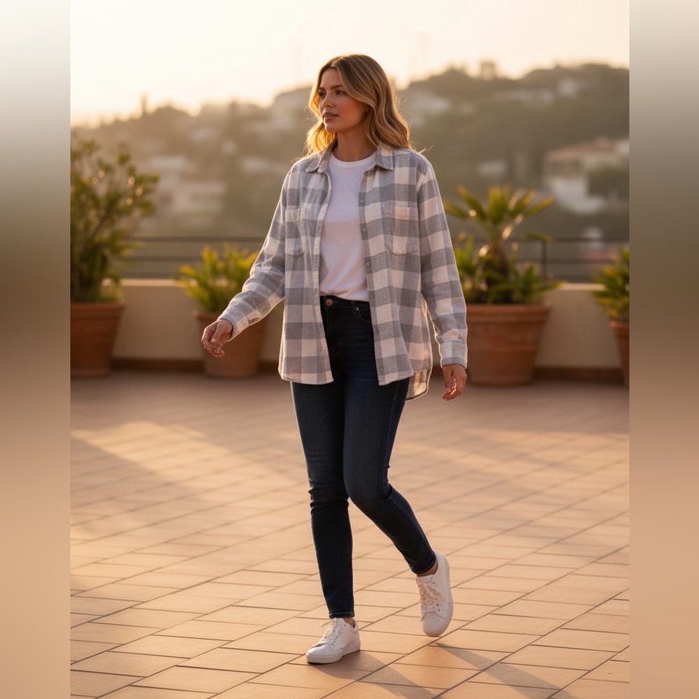 croft & barrow White and Light Gray Plaid Button-Down Shirt
